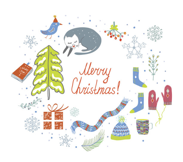 圣诞贺卡编织的东西，猫，雪，树图片下载