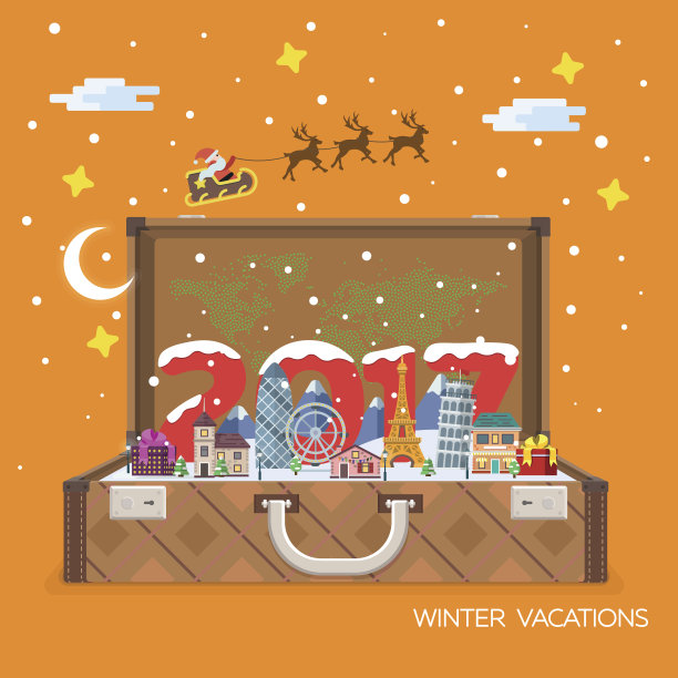 2017年新年旅行愉快。打开带有路标的手提箱。图片下载