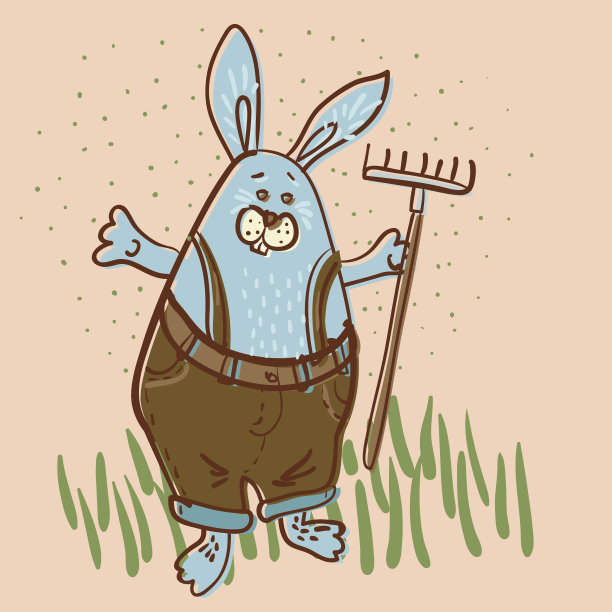 兔子的园丁与耙偏移图像矢量插图图片下载