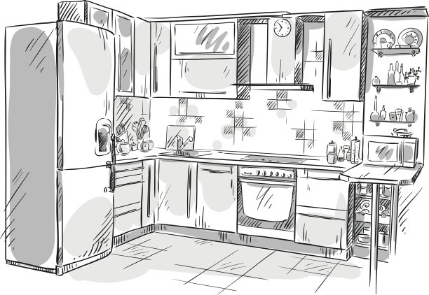 厨房室内绘图，矢量插图图片下载