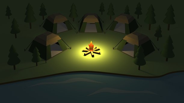 晚上在海边露营。三维演示图片下载