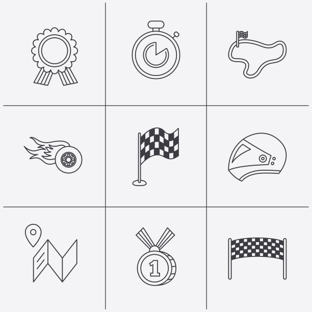 比赛旗帜和速度图标。冠军奖牌的迹象。图片下载
