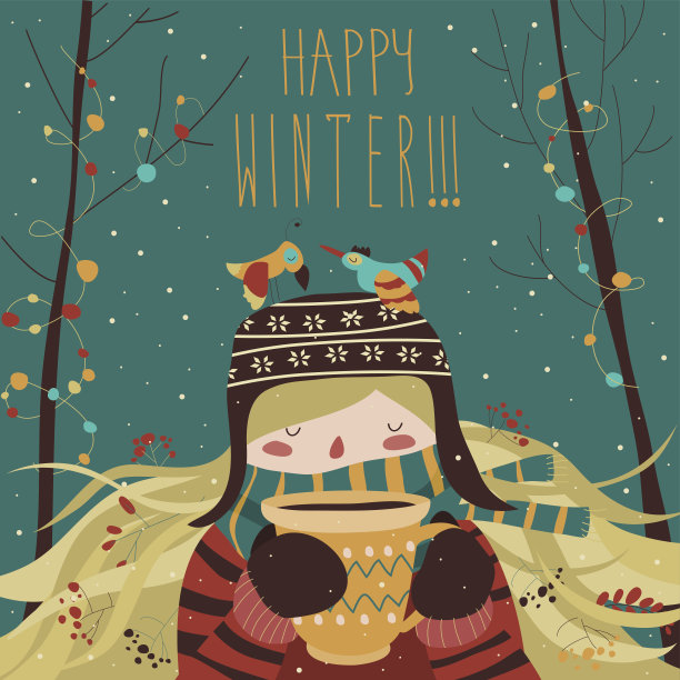 可爱的冬季卡通女孩和咖啡素材图片