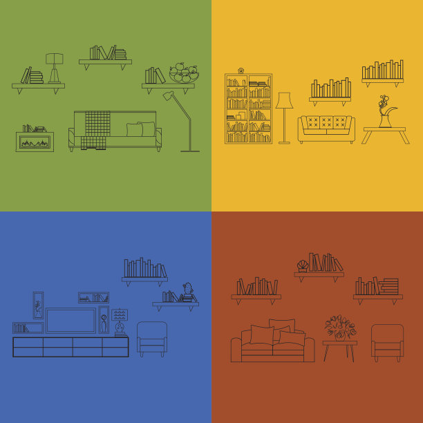 家，酒店房间室内用舒适的家具轮廓矢量插画图片下载