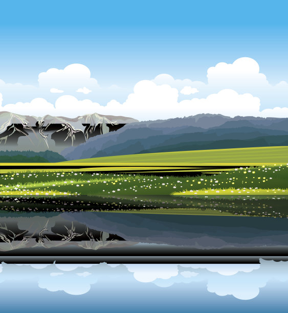 有草地和湖泊的自然景观。图片下载