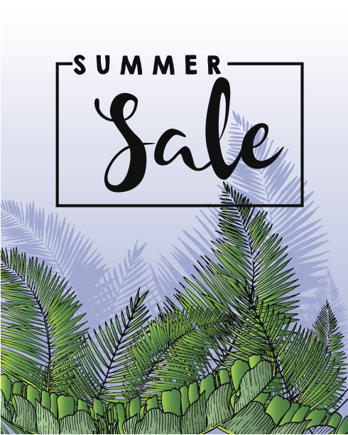夏季销售矢量传单。奇异的植物和棕榈叶。素材图片