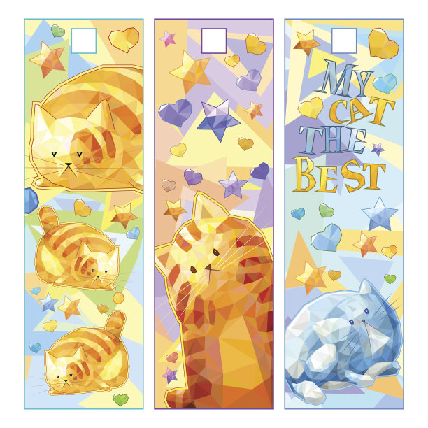 可爱的矢量彩色书签与卡通多边形有趣的猫图片下载
