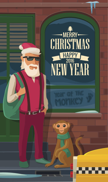 纽约街头时髦的圣诞老人、猴子和出租车图片下载