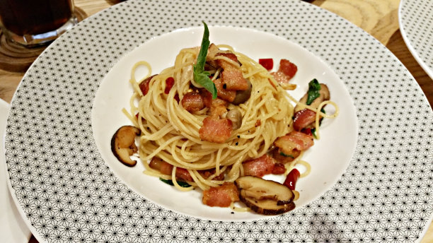 火腿蘑菇意大利面。图片下载