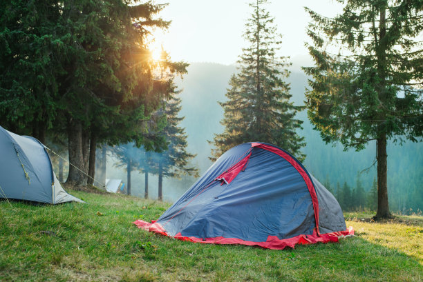 在森林环绕的山上露营的帐篷图片下载