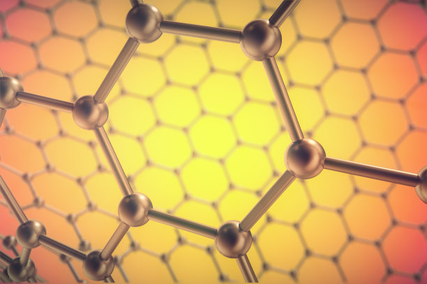 渲染橙色纳米技术，六角形几何形式的特写，概念石墨烯图片下载