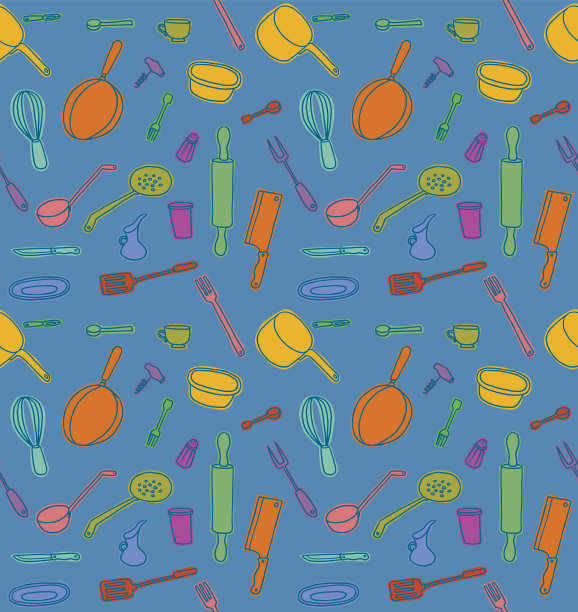 厨房用具无缝彩色图案上的蓝色背景图片下载