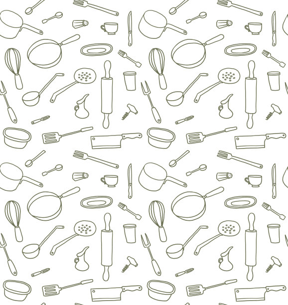 厨房用具无缝图案，线条艺术图片下载