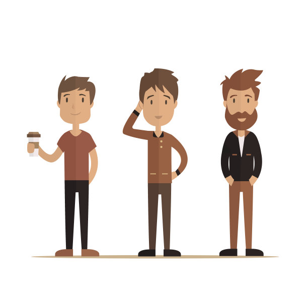 嬉皮士风格的大胡子男人，人物集合。矢量图图片下载