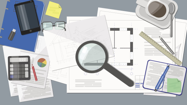 桌面上有文件，图纸，表格，文具，尺子，铅笔，笔记本图片下载