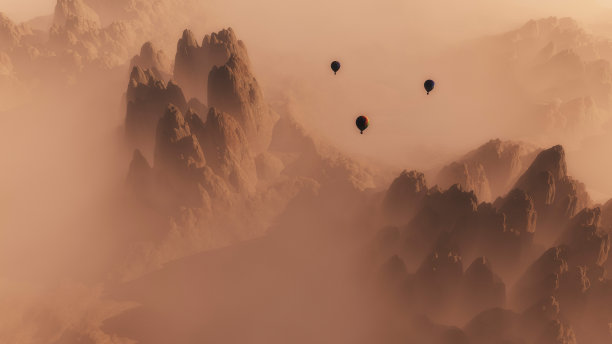 空中的岩石山景观与热气球图片下载