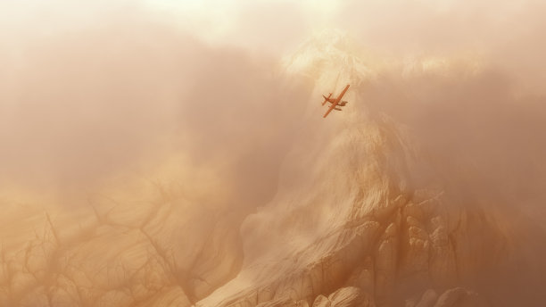 一架私人飞机在雾中飞过崎岖的山脉。图片下载