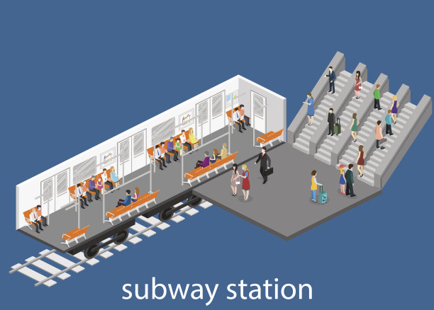 等距平面3D地铁列车车厢。地铁车站图片下载