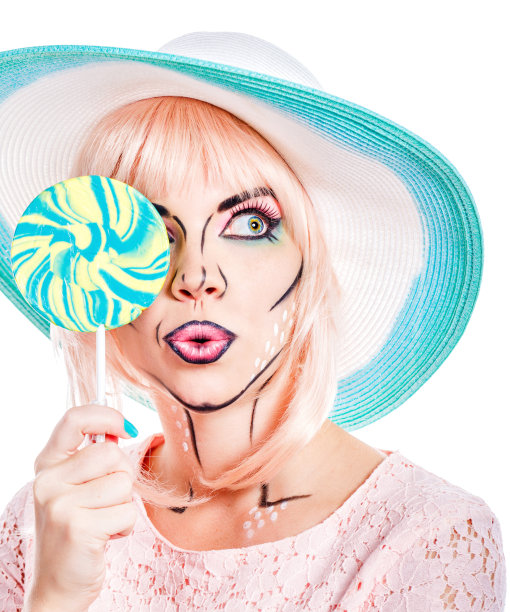 女孩用流行艺术的风格化妆，帽子，棒棒糖。图片下载
