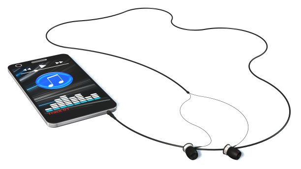 智能手机与耳机隔离在白色音乐播放的概念图片下载