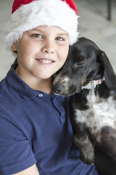 戴着圣诞老人帽和黑狗的孩子图片下载