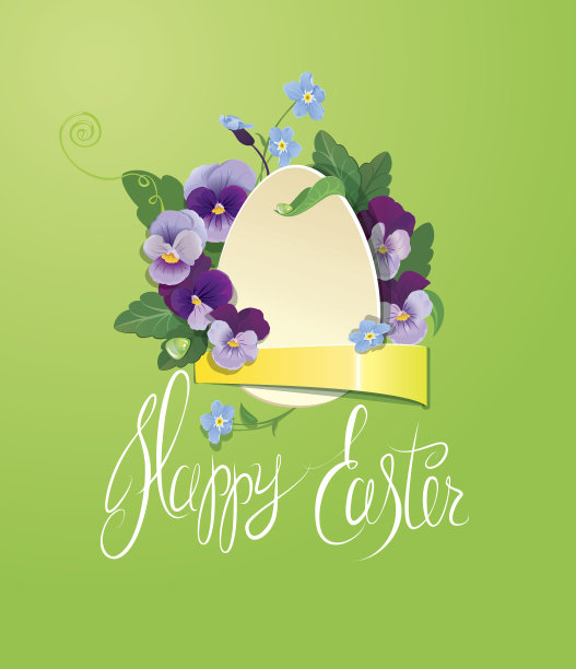 带有彩蛋、丝带、勿忘我和三色堇花朵的复活节卡片图片下载