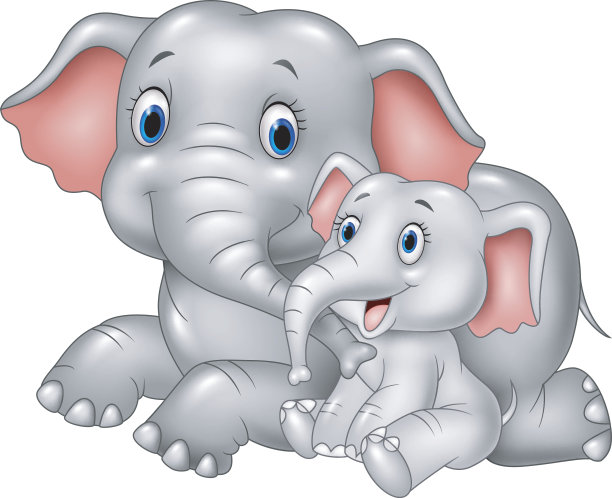 卡通有趣的母亲和小象孤立在白色的背景图片下载