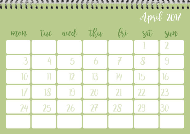 桌面日历模板为月四月。一周星期一图片下载