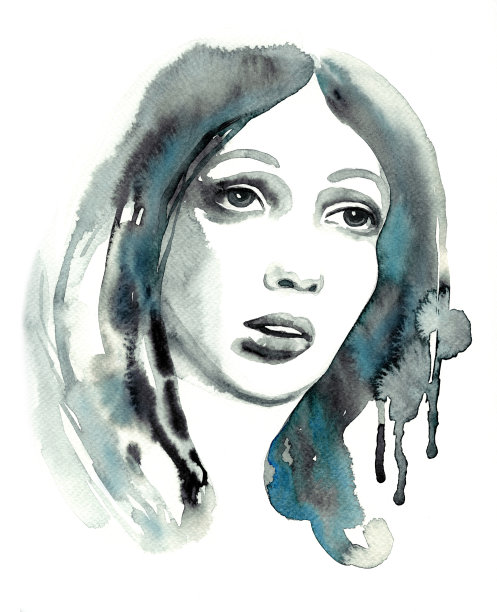 水彩画女人抬头看得青一块紫一块的图片下载