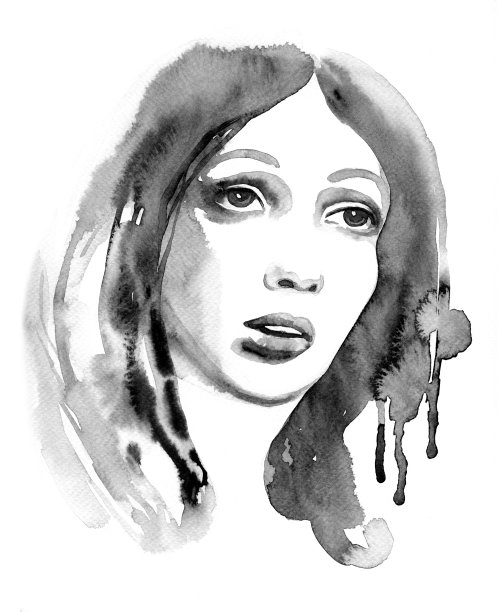 水彩画女人抬头看黑白图片下载