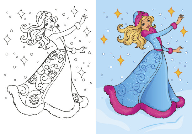 传统服饰的雪姑娘涂色书图片下载