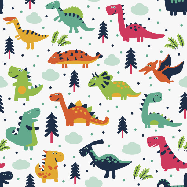 可爱的矢量无缝模式与有趣的恐龙，云和树图片下载