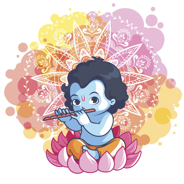 卡通克里希纳在莲花上吹笛子。图片下载