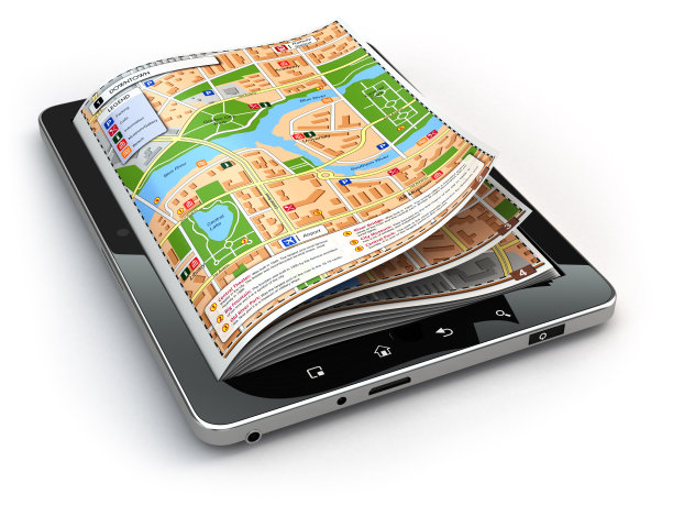 GPS导航的概念。指南地图在平板电脑屏幕上。图片下载