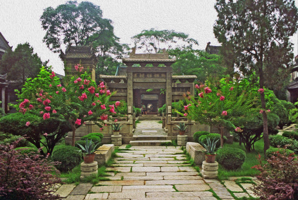中国西安大清真寺院落油画风格化图片下载
