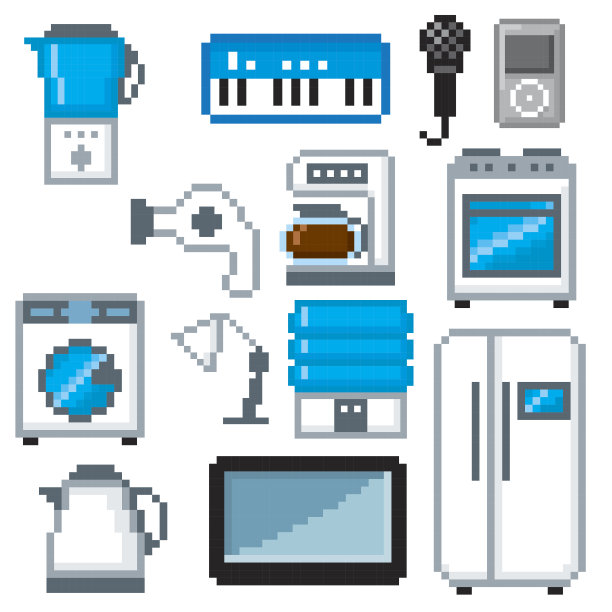 家电图标集。像素艺术。老式计算机图形学图片下载