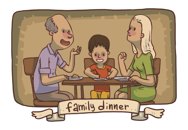框架家庭晚餐:爷爷、妈妈和儿子吃的食物图片下载
