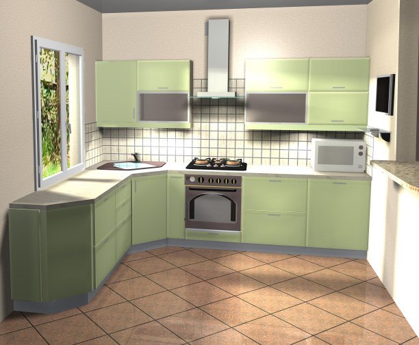 室内厨房绿色3D渲染图片下载