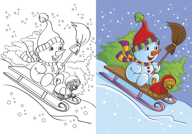带狗骑的雪人涂色书图片下载