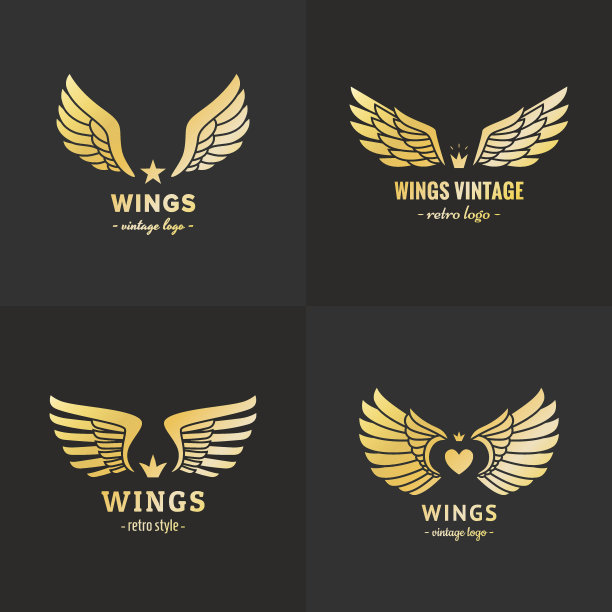 金色翅膀标志向量集。复古潮人设计。第一部分。图片下载