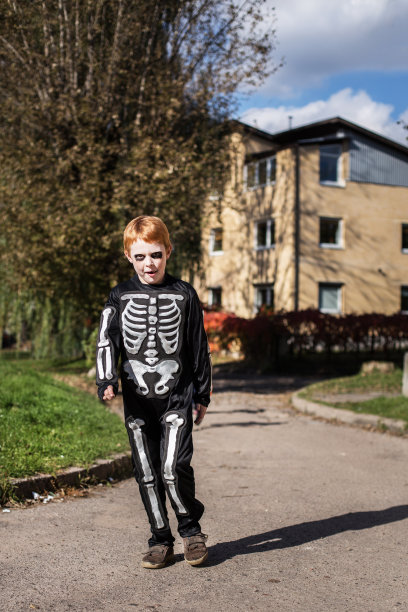 红发小男孩穿着万圣节骷髅装图片下载