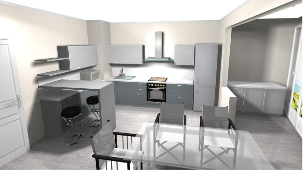 3D渲染厨房室内设计与早餐吧图片下载