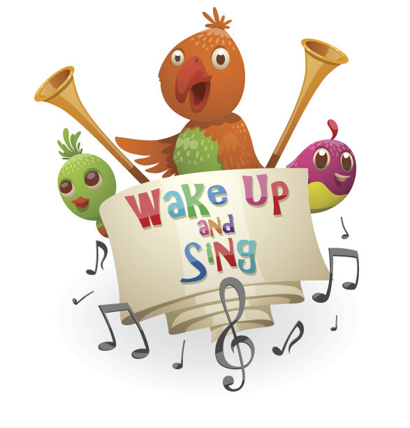 象征“醒来歌唱”，绿色，橙色，粉色的小鸟图片下载