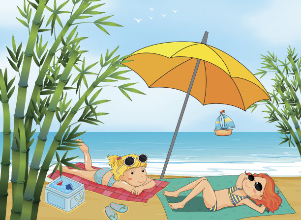 两个可爱的女孩在海滩上放松图片下载