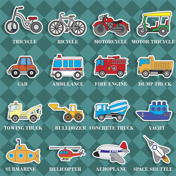 可爱的车辆类型在贴纸风格的方形图形图片下载