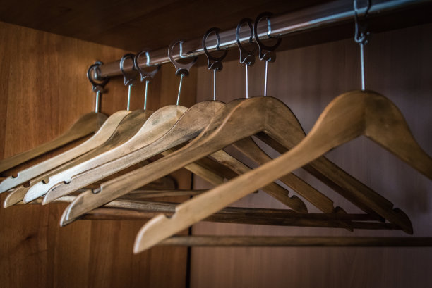 衣橱金属杆与空衣服木制衣架的特写。图片下载