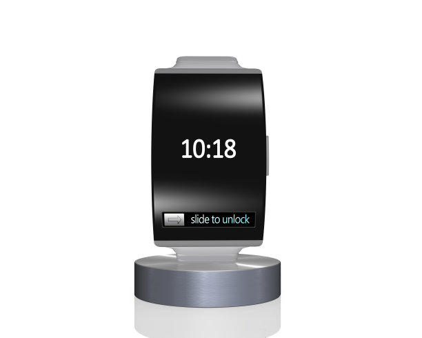 黑色玻璃曲线屏幕智能手表陈列与金属手表图片下载