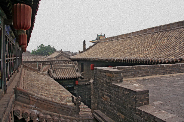 平遥古镇屋顶，油画风格化图片下载