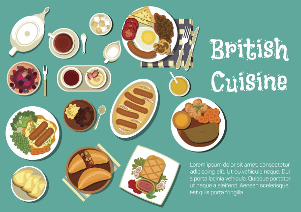 英国美食晚餐与舒适的食物平面图标素材图片