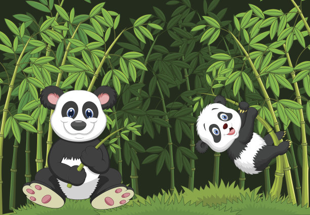 卡通熊猫妈妈和熊猫宝宝在爬树图片下载